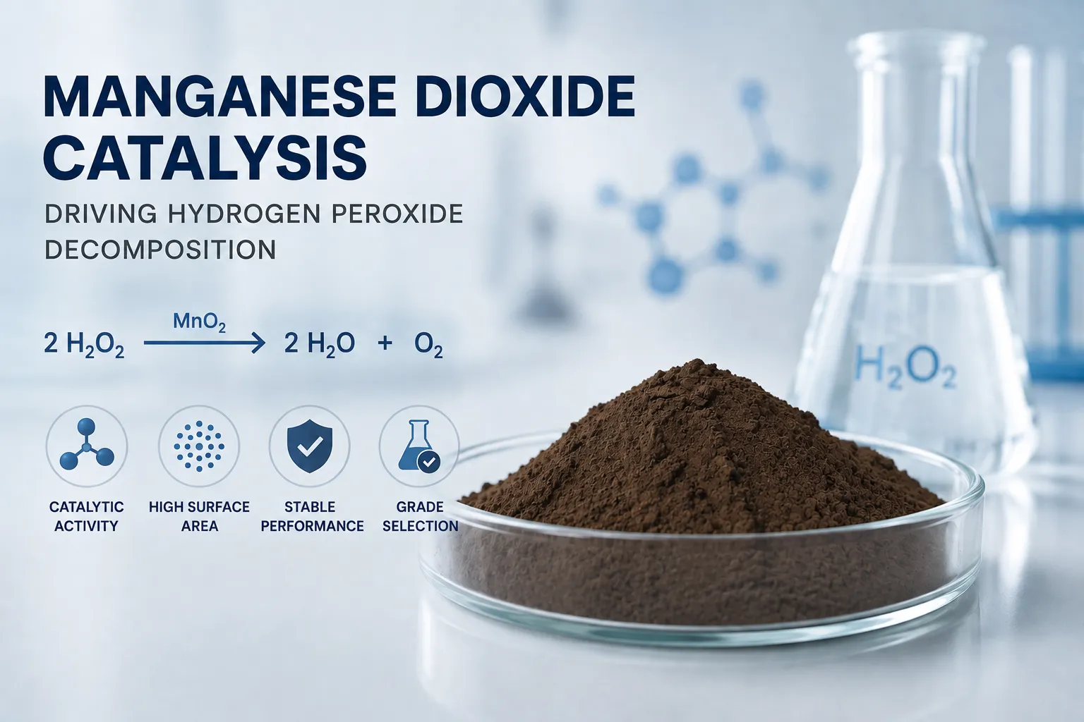 Il biossido di manganese è un buon catalizzatore per il perossido di idrogeno? Attività, superficie e selezione del grado